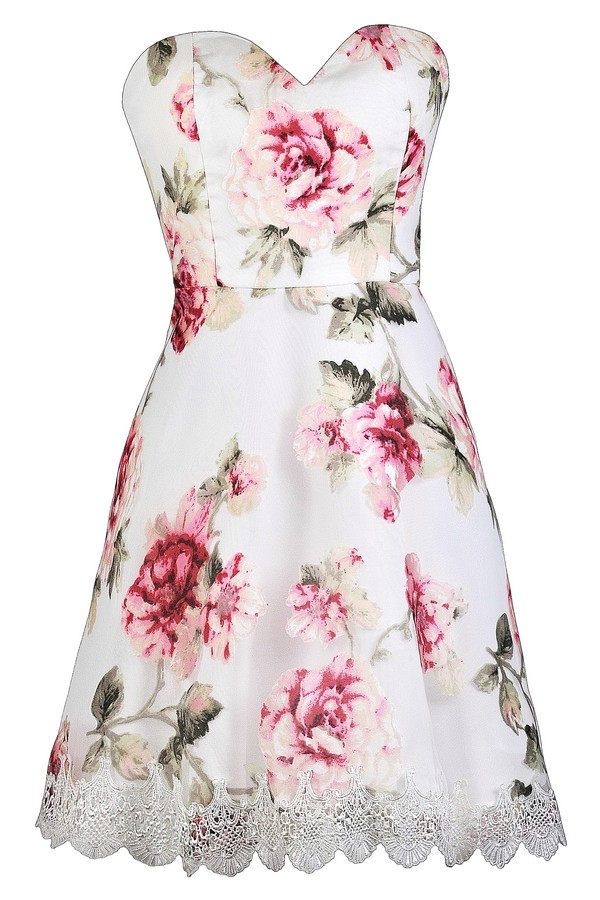 Pink Rose Print Strapless Dress, Cute Printed Dress, Printed Bridesmaid ...