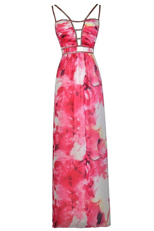 Pink Floral Print Maxi Dress, Cute Pink Maxi Dress, Pink Floral Prom