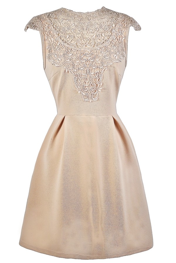 Beige Lace A-Line Dress, Cute Beige Dress, Beige Party Dress Lily Boutique