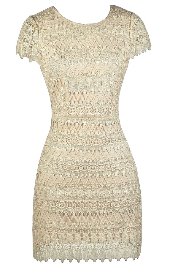 Beige Capsleeve Lace Dress, Beige Lace Party Dress, Cute Beige Dress