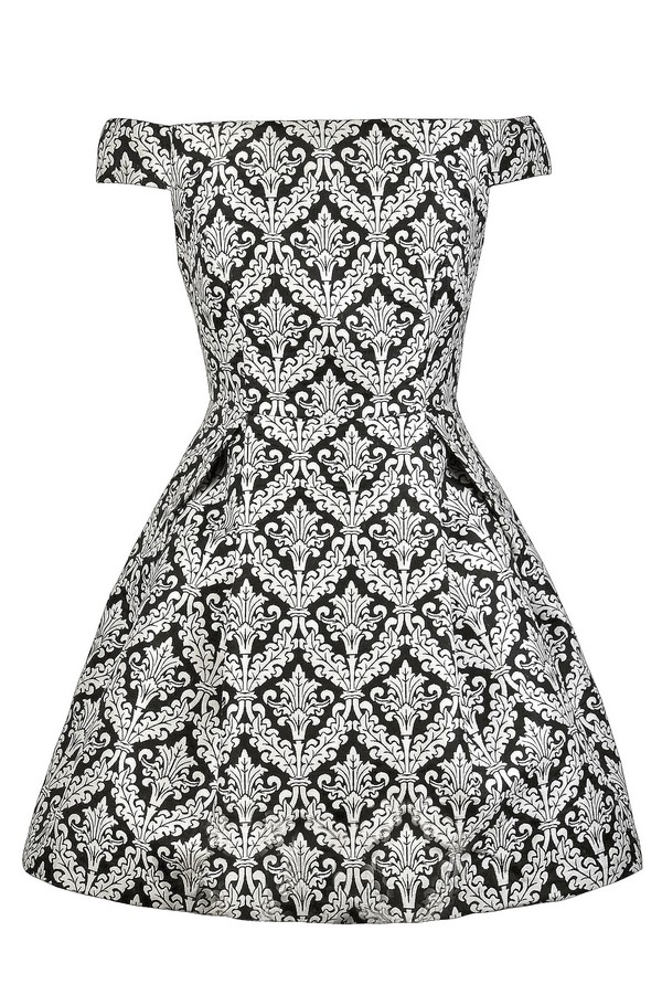 Insignia Fleur Pattern Dress, Off Shoulder A-Line Dress, Cute Printed ...