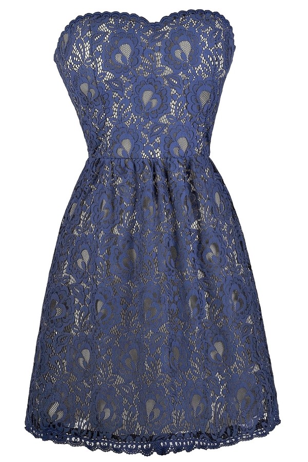 Blue Strapless Lace Dress, Cute Online Boutique Dress, Lace Summer ...