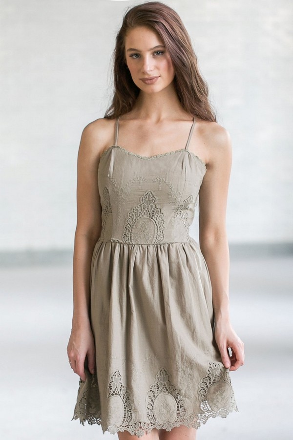 Olive Green Eyelet Dress, Cute Eyelet Green Sundress, Olive Summer