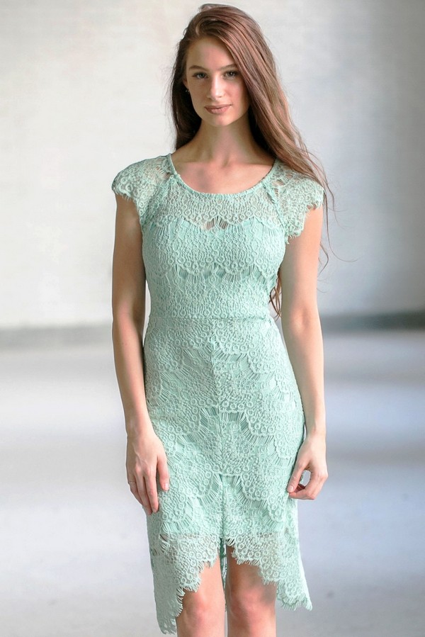 Light Sage Lace High Low Sheath Dress, Cute Sage Green Lace Dress, Cute