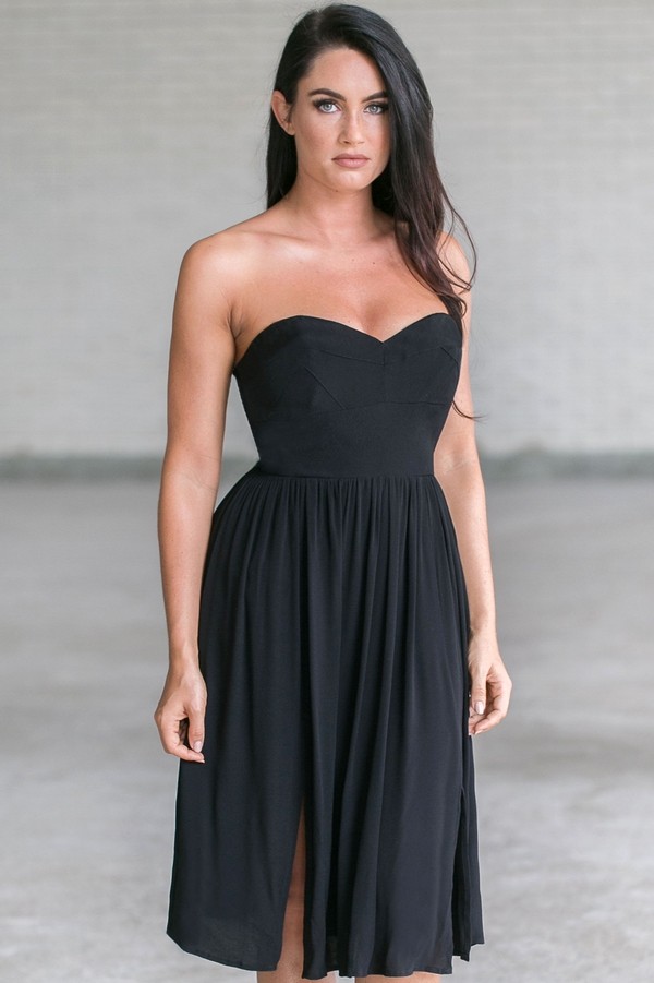 Black Strapless Midi Dress, Cute Black Dress Online, Black Sundress ...