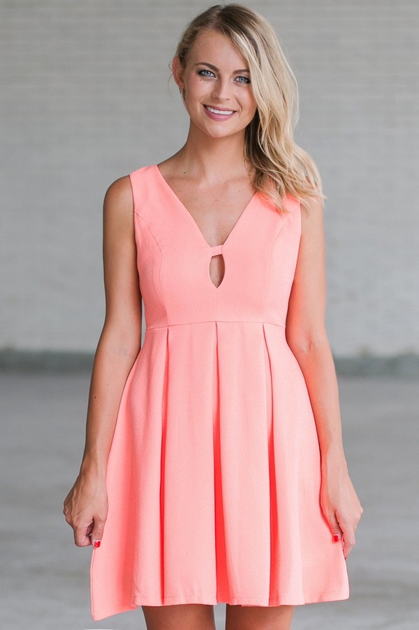 Neon Coral ALine Dress, Cute Summer Dress Online, Coral Party Dress