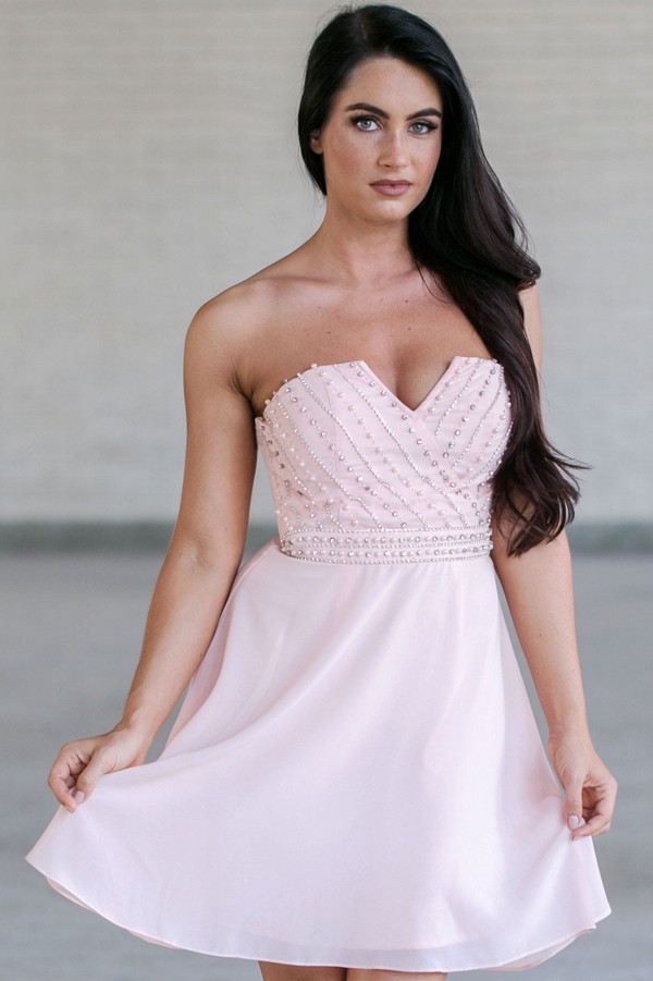 Pale Pink Embellished Dress, Pink Bridesmaid Dress, Cute Pink Dress