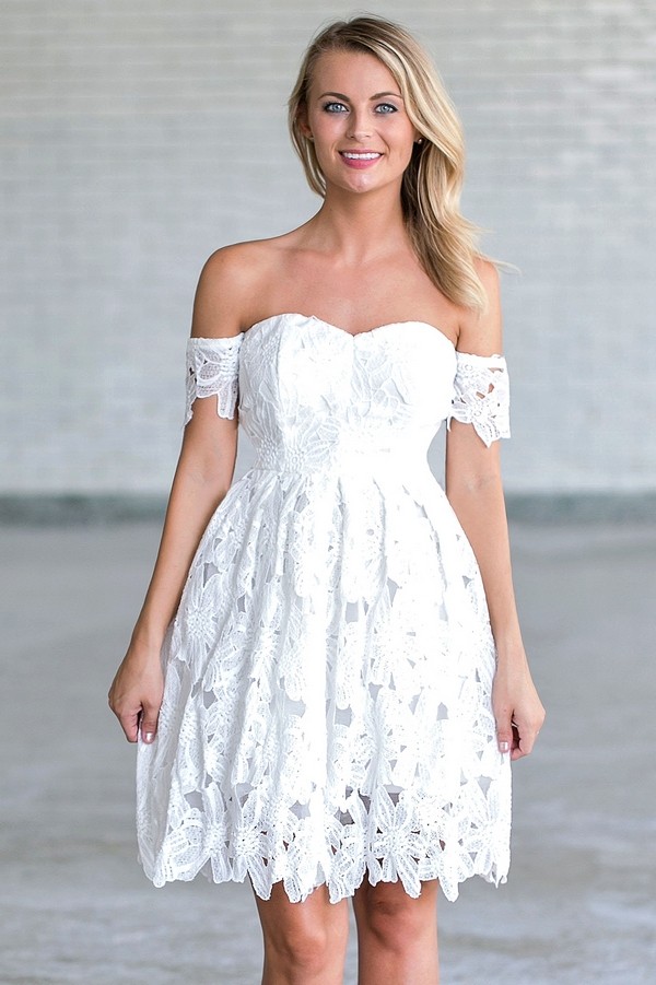 Off White Crochet Lace Off Shoulder Dress, Rehearsal Dinner Dress ...