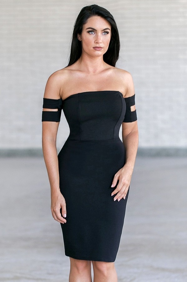 off shoulder midi dress black