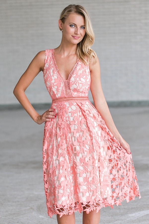 Coral Pink Lace midi Dress, Cute pink party dress Lily Boutique