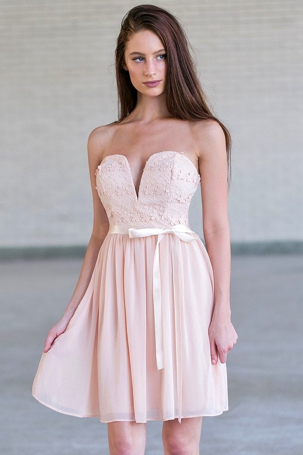 Pink Strapless Lace Dress, Cute Blush Pink Party Dress Lily Boutique