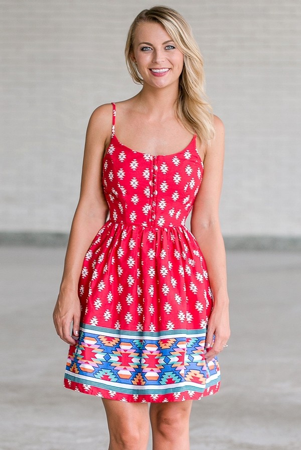 Red Southwestern Pattern A-Line Dress, Cute Red Printed Sundress ...