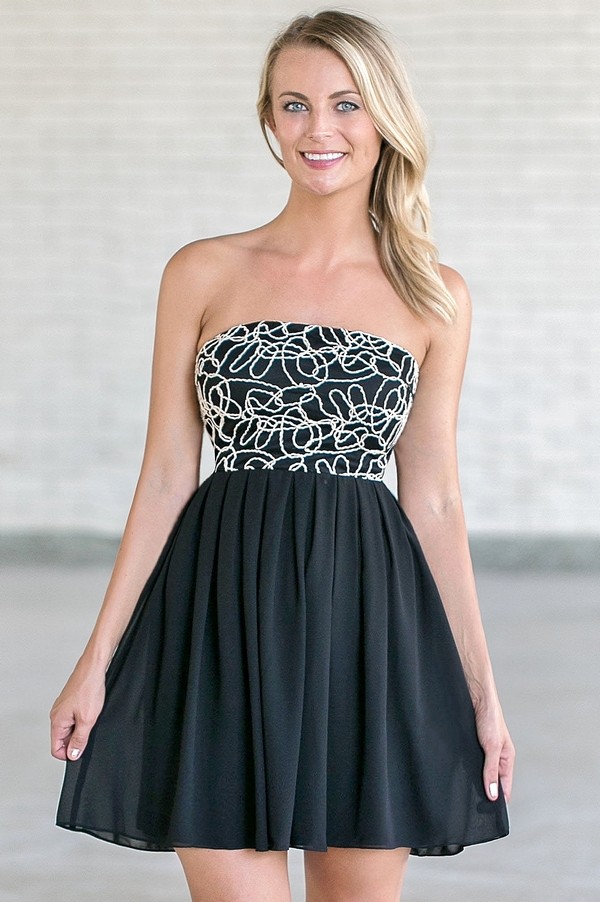 Black Embroidered Dress, Strapless Black Dress, Little Black Dress