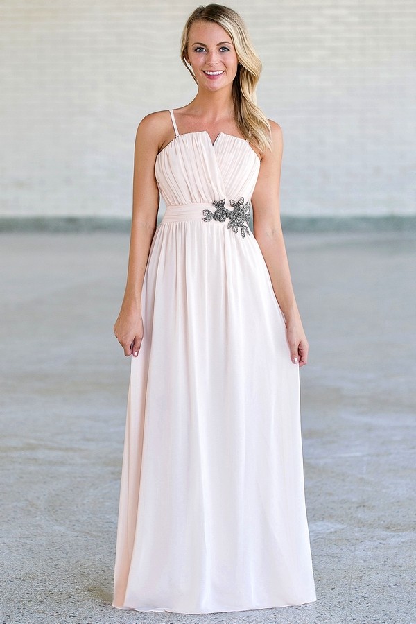 Light Pink Embellished Maxi Dress, Pale Pink Embellished Prom Dress ...