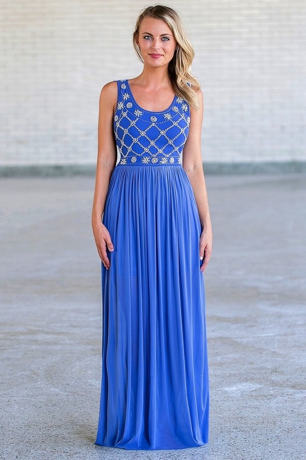 Periwinkle Maxi Dress, Pearl and Bead Maxi Dress, Periwinkle Prom Dress ...