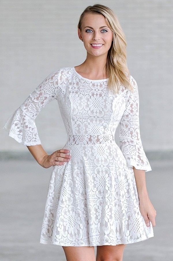 Cloudwalker Ivory and Beige Lace Bell Sleeve Dress