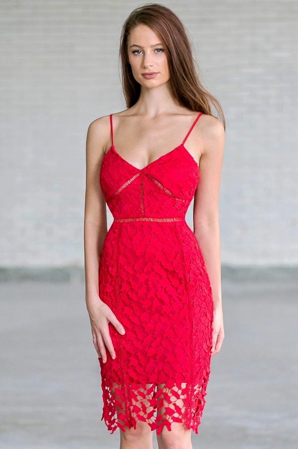 Lipsy crochet lace pencil dress with flippy hem in red new arrivals