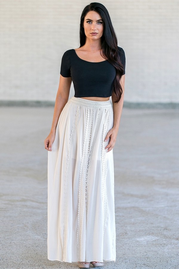 Living Free Crochet Detail Maxi Skirt in Cream | Lily Boutique