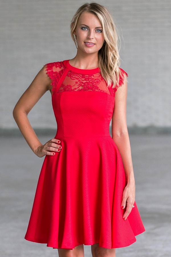 Red Lace A-Line Party Dress, Cute Red Holiday Dress Lily Boutique