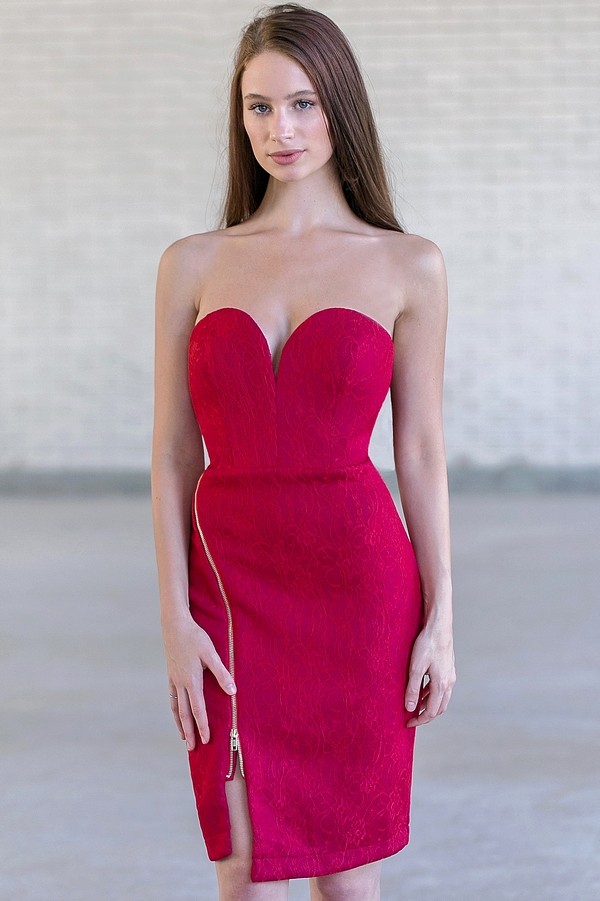 red lace strapless dress