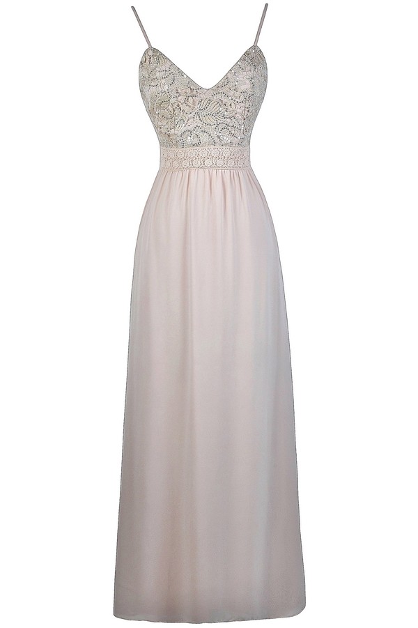 Beige Champagne and Sequin Maxi Dress | Open Back Formal Prom Dress ...