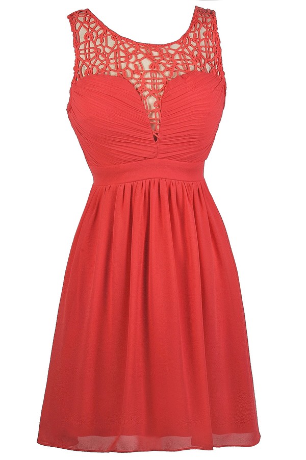 Coral Crochet Neckline Dress, Cute Coral Dress, Coral Party Dress