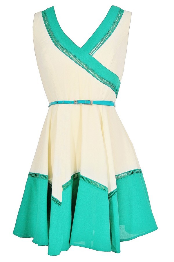 Cute Green and Ivory Colorblock Dress, Cute Summer Dress, Belted Summer ...