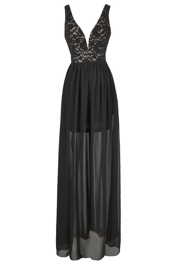 Black Lace Maxi Dress, Cute Black Lace Dress, Chiffon and Lace Dress ...