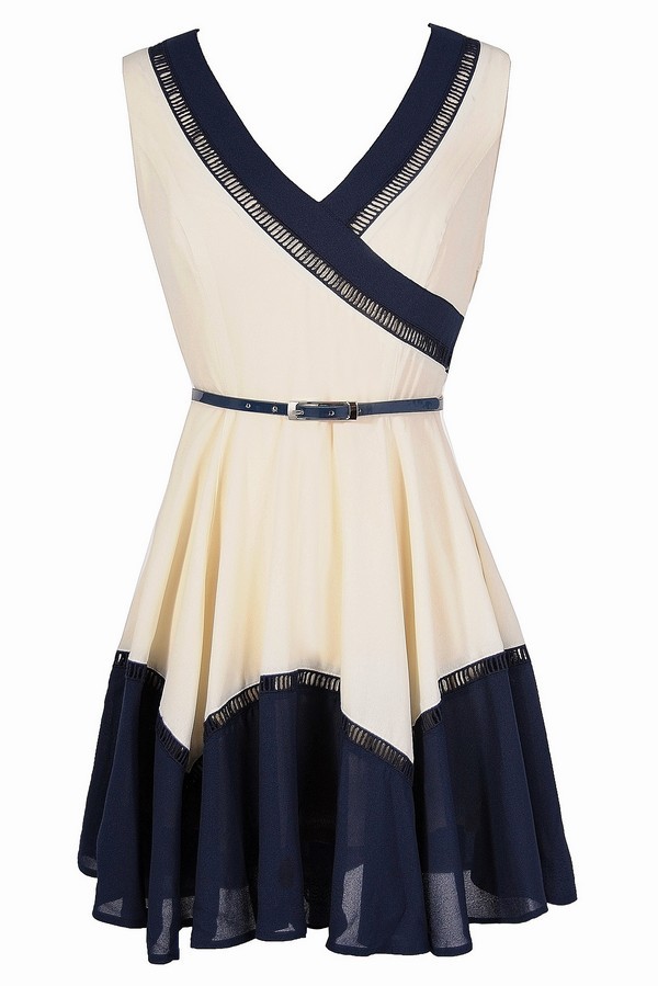 Cute Colorblock Dress, Navy and White Dress, Belted Navy Dress, Cute ...