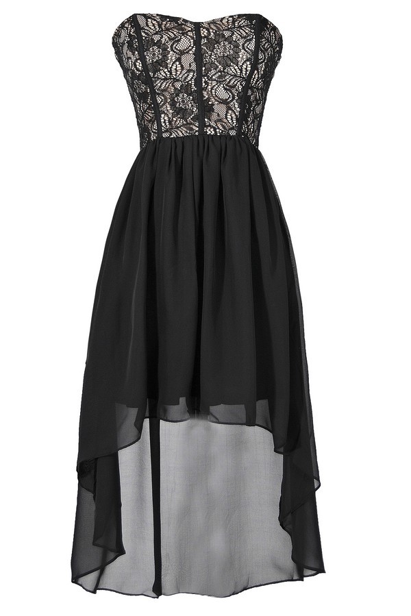 Cute Black Lace and Chiffon High Low Dress, Cute Party Dress, Black ...