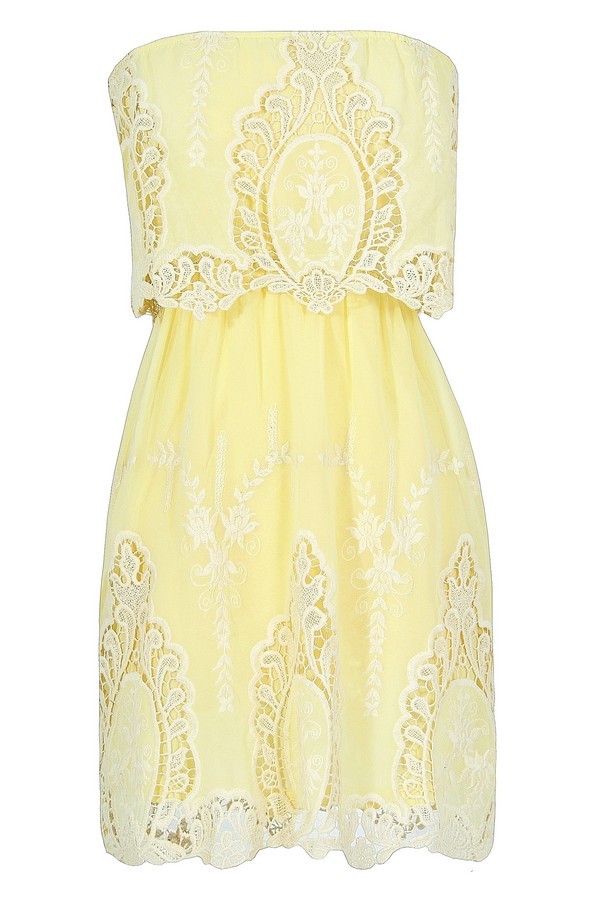 Cute Yellow Embroidered Dress, Yellow Embroidered Strapless Dress