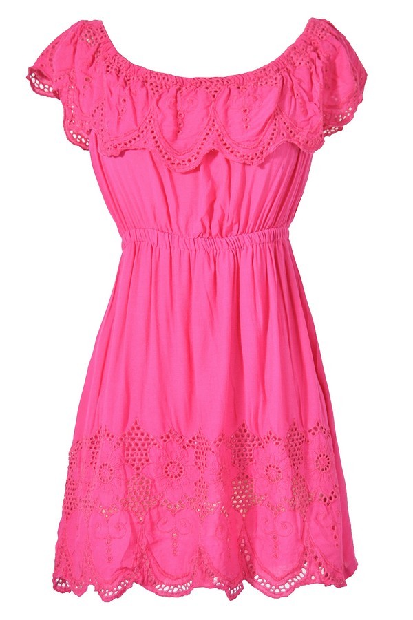 Hot Pink Eyelet Lace Ruffle Tunic, Cute Hot Pink Bohemian Tunic, Cute ...