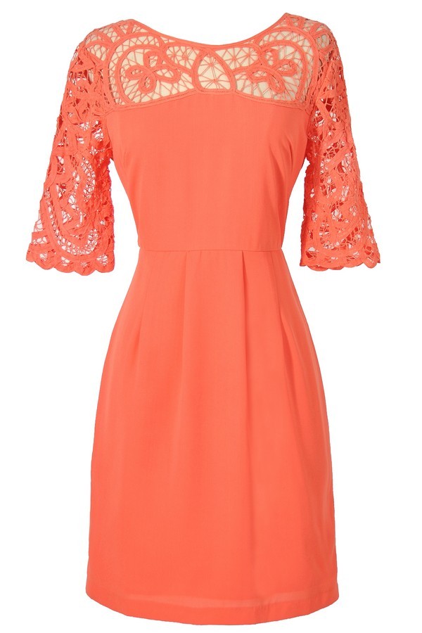 Orange Coral Crochet Lace Sheath Dress, Cute Orange Coral Summer Dress ...