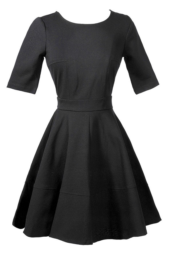 black fit and flare dress with short sleeves