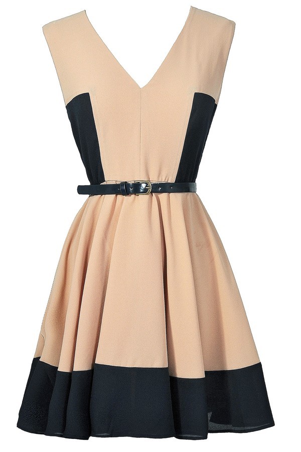 Taupe and Navy Colorblock Belted Dress, Beige and Navy Colorblock Dress ...