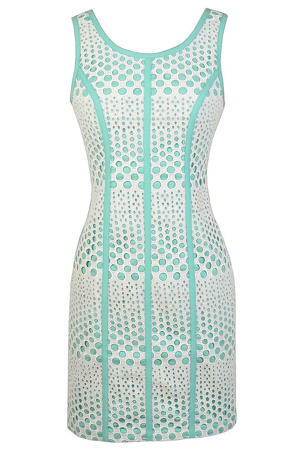 Mint and Ivory Eyelet Dress, Mint Eyelet Lace Dress, Mint Lace Sheath