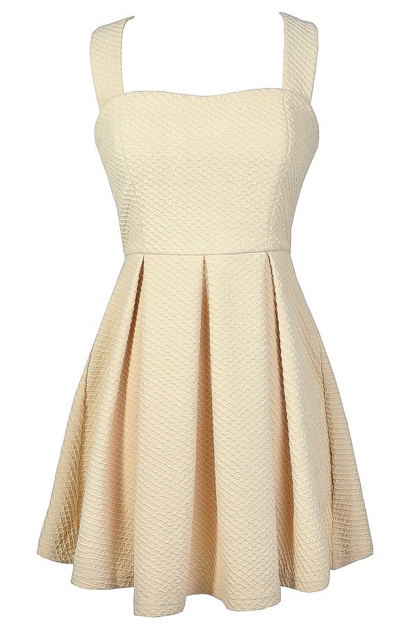 Beige Fit and Flare Dress, Cute Beige Dress, Cute Beige Party Dress