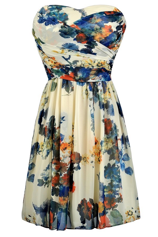 Blue and Ivory Floral Print Dress, Blue Floral Print Strapless Dress ...