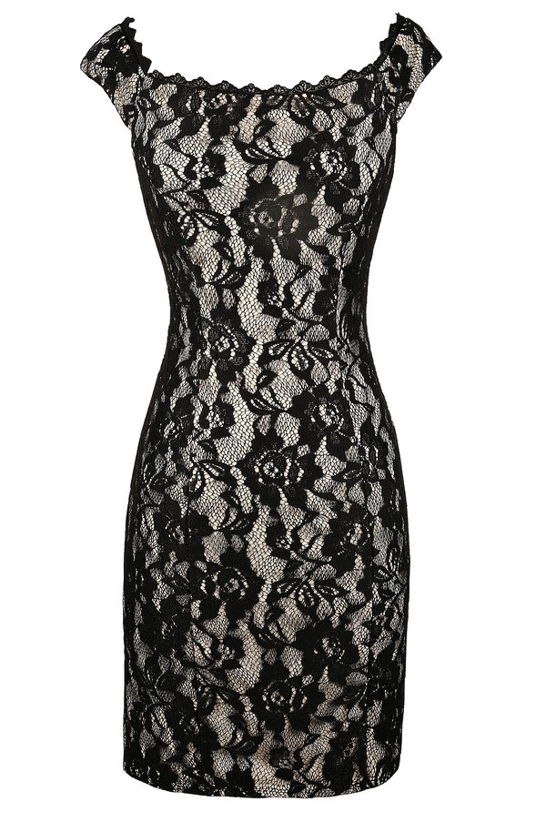 Black Lace Off Shoulder Dress, Cute Black Lace Dress, Black Lace Pencil