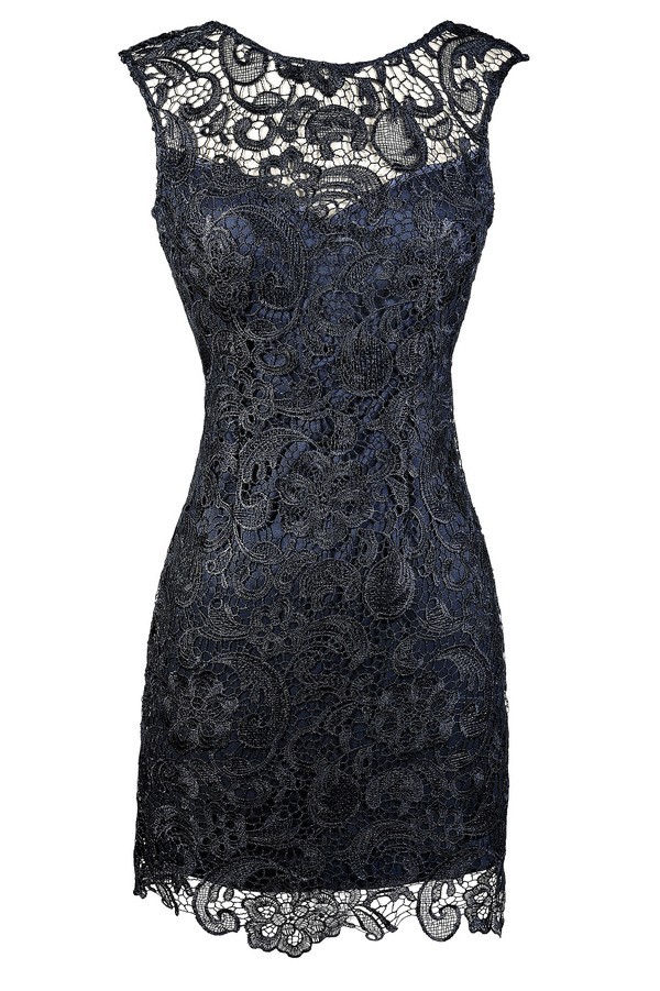 Alythea Navy Metallic Lace Overlay Fitted Dress