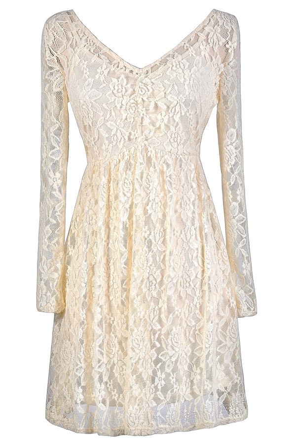 Ivory Lace Dress, Beige Lace Dress, Longsleeve Beige Lace Dress ...