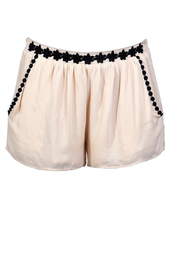 Beige and Black Shorts, Cute Beige Shorts, Beige Embroidered Shorts ...