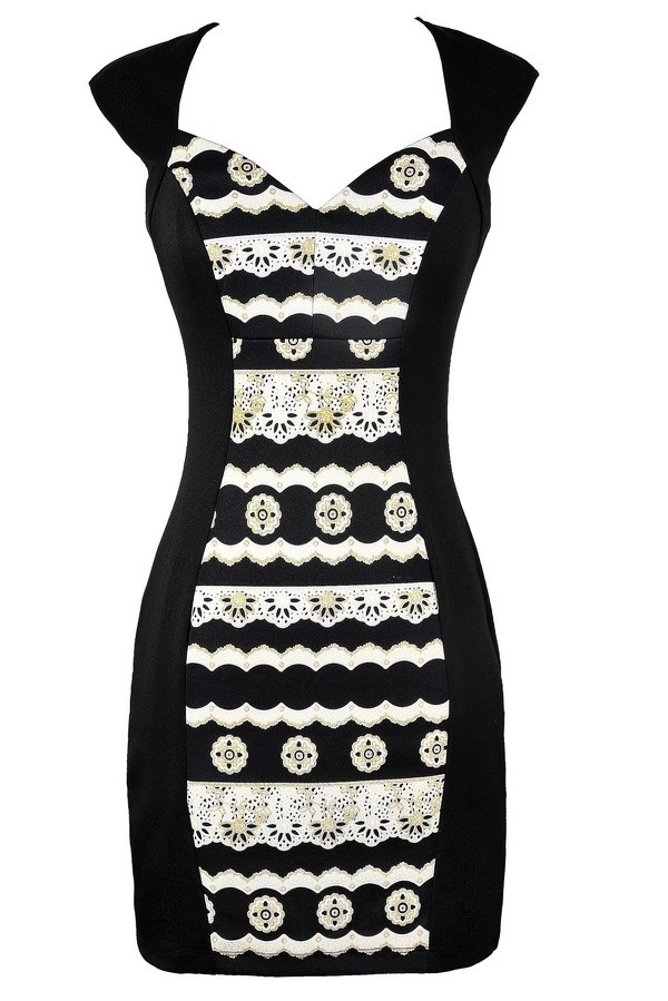 Black and Gold Pencil Dress, Cute Black and Gold Dress, Black and Gold Pattern Dress, Black and