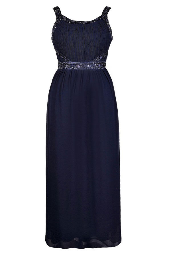 Navy and silver chiffon embellished sales maxi dress