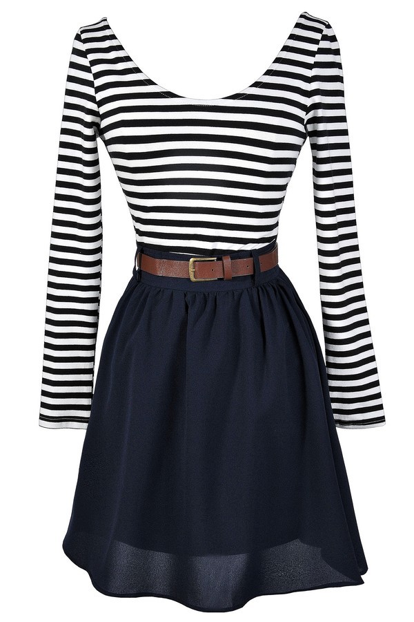 Belted Stripe Dress, Navy Stripe Dress, Cute Fall Dress, Belted Navy Stripe Dress, Belted ALine