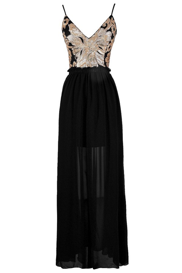 Black and Gold Maxi Dress, Black and Gold Open Back Maxi Dress, Open ...