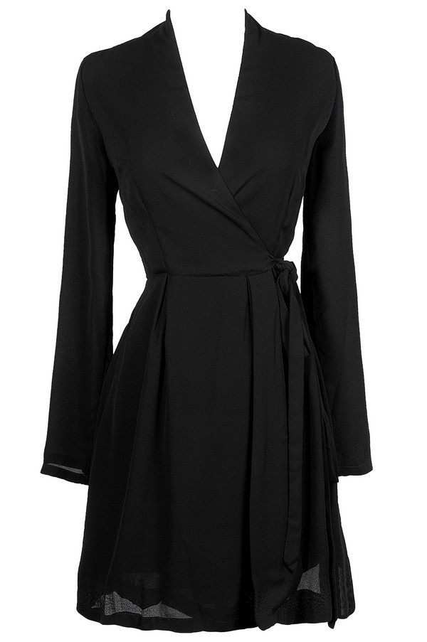 Black Wrap Dress, Cute Black Dress, Black Longsleeve Wrap Dress, Black ...