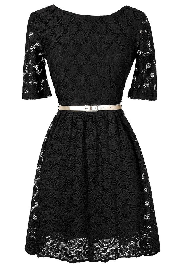 Black Lace ALine Dress, Belted Black Lace Dress, Little Black Dress