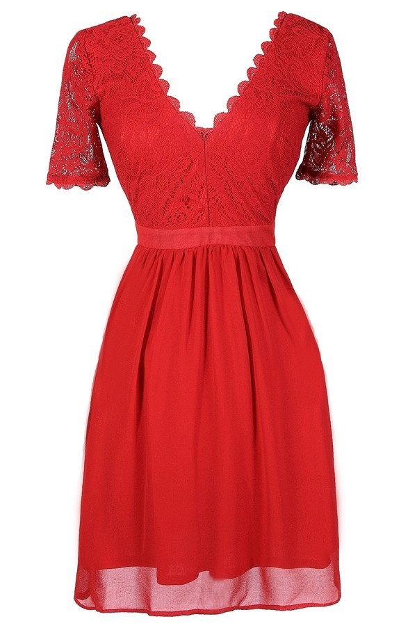 Red Lace Dress, Cute Red Dress, Red ALine Lace Dress, Red Lace ALine