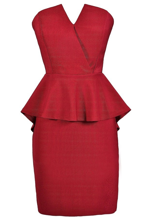 Burgundy Peplum Dress, Cute Peplum Dress, Red Peplum Dress, Strapless